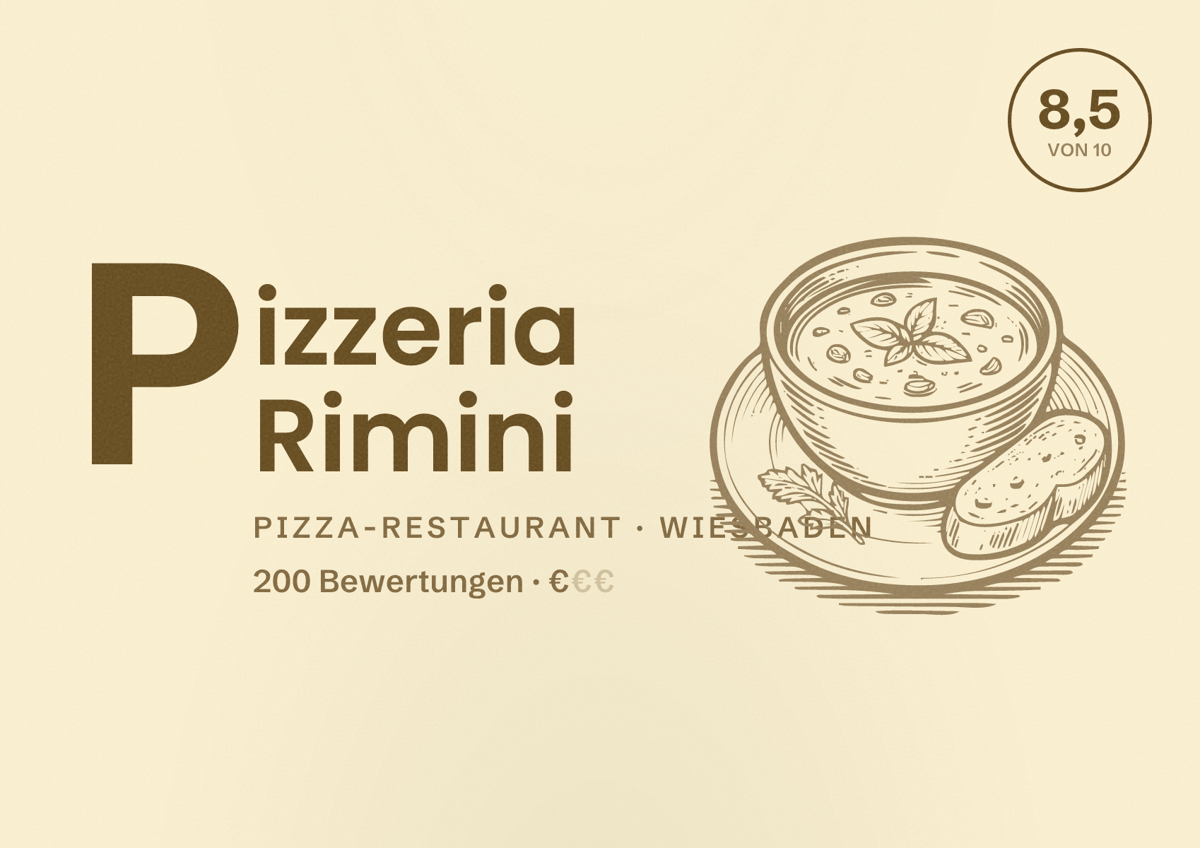 Illustriertes Poster von Pizzeria Rimini, Pizza-Restaurant in Wiesbaden: Bewertung 8,5 von 10 aus 200 Bewertungen, Preisniveau €