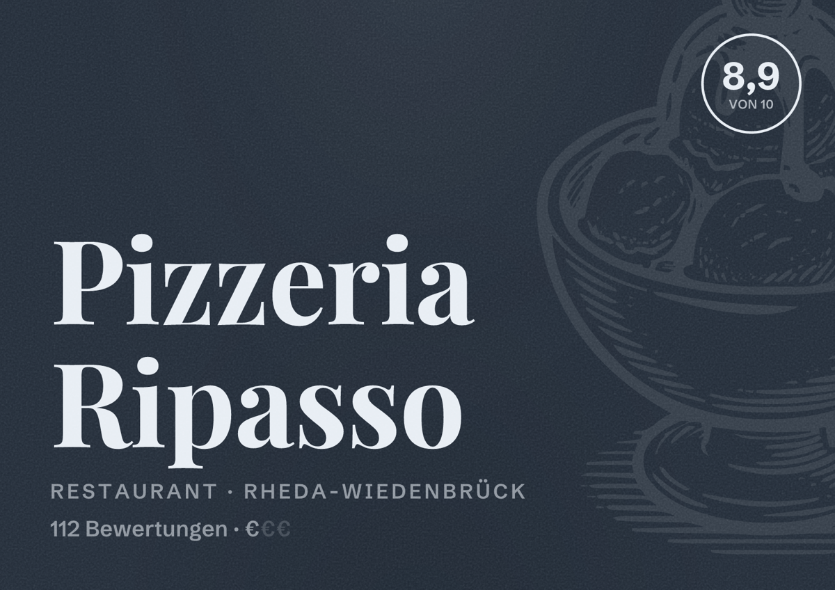 Illustriertes Poster von Pizzeria Ripasso, Restaurant in Rheda-Wiedenbrück: Bewertung 8,9 von 10 aus 112 Bewertungen, Preisniveau €