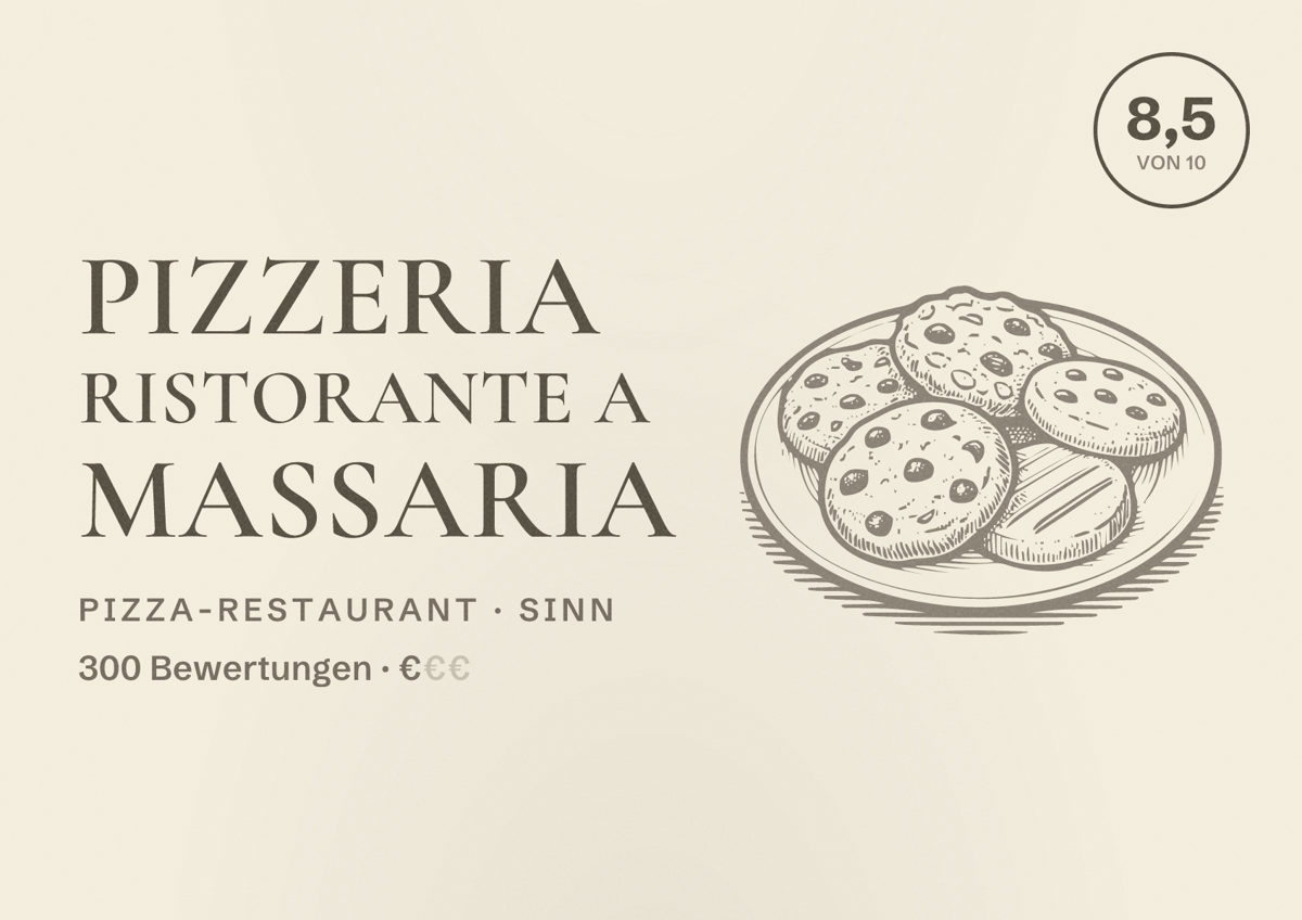 Illustriertes Poster von Pizzeria Ristorante A Massaria, Pizza-Restaurant in Sinn: Bewertung 8,5 von 10 aus 300 Bewertungen, Preisniveau €