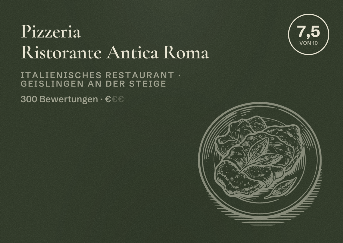 Illustriertes Poster von Pizzeria Ristorante Antica Roma, Italienisches Restaurant in Geislingen an der Steige: Bewertung 7,5 von 10 aus 300 Bewertungen, Preisniveau €