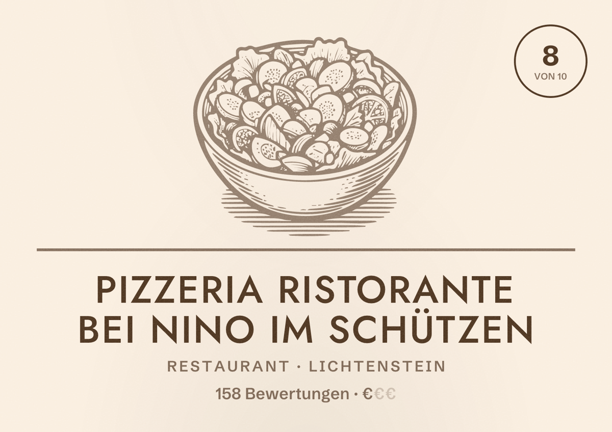 Illustriertes Poster von Pizzeria Ristorante bei Nino im Schützen, Restaurant in Lichtenstein: Bewertung 8 von 10 aus 158 Bewertungen, Preisniveau €