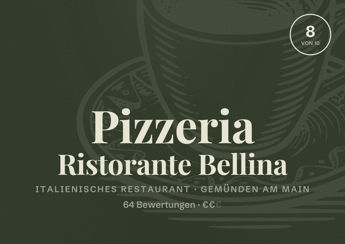 Illustriertes Poster von Pizzeria Ristorante Bellina, Italienisches Restaurant in Gemünden am Main: Bewertung 8 von 10 aus 64 Bewertungen, Preisniveau €€