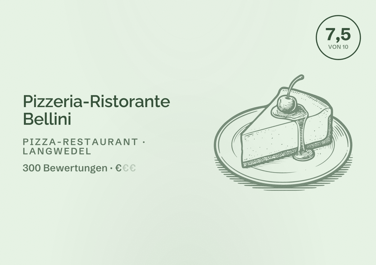 Illustriertes Poster von Pizzeria-Ristorante Bellini, Pizza-Restaurant in Langwedel: Bewertung 7,5 von 10 aus 300 Bewertungen, Preisniveau €