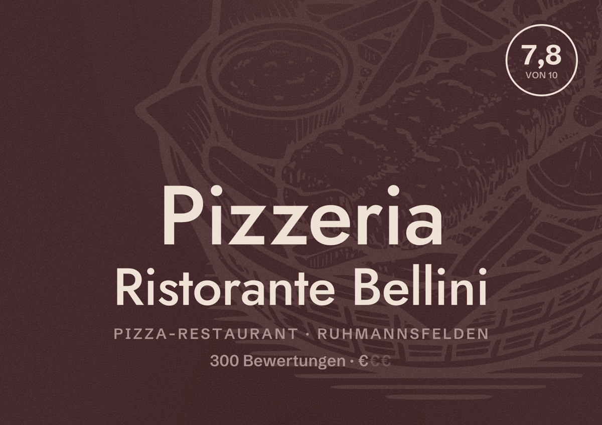 Illustriertes Poster von Pizzeria Ristorante Bellini, Pizza-Restaurant in Ruhmannsfelden: Bewertung 7,8 von 10 aus 300 Bewertungen, Preisniveau €