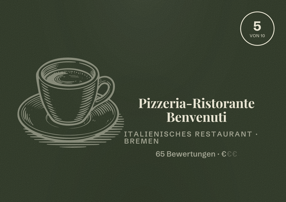 Illustriertes Poster von Pizzeria-Ristorante Benvenuti, Italienisches Restaurant in Bremen: Bewertung 5 von 10 aus 65 Bewertungen, Preisniveau €