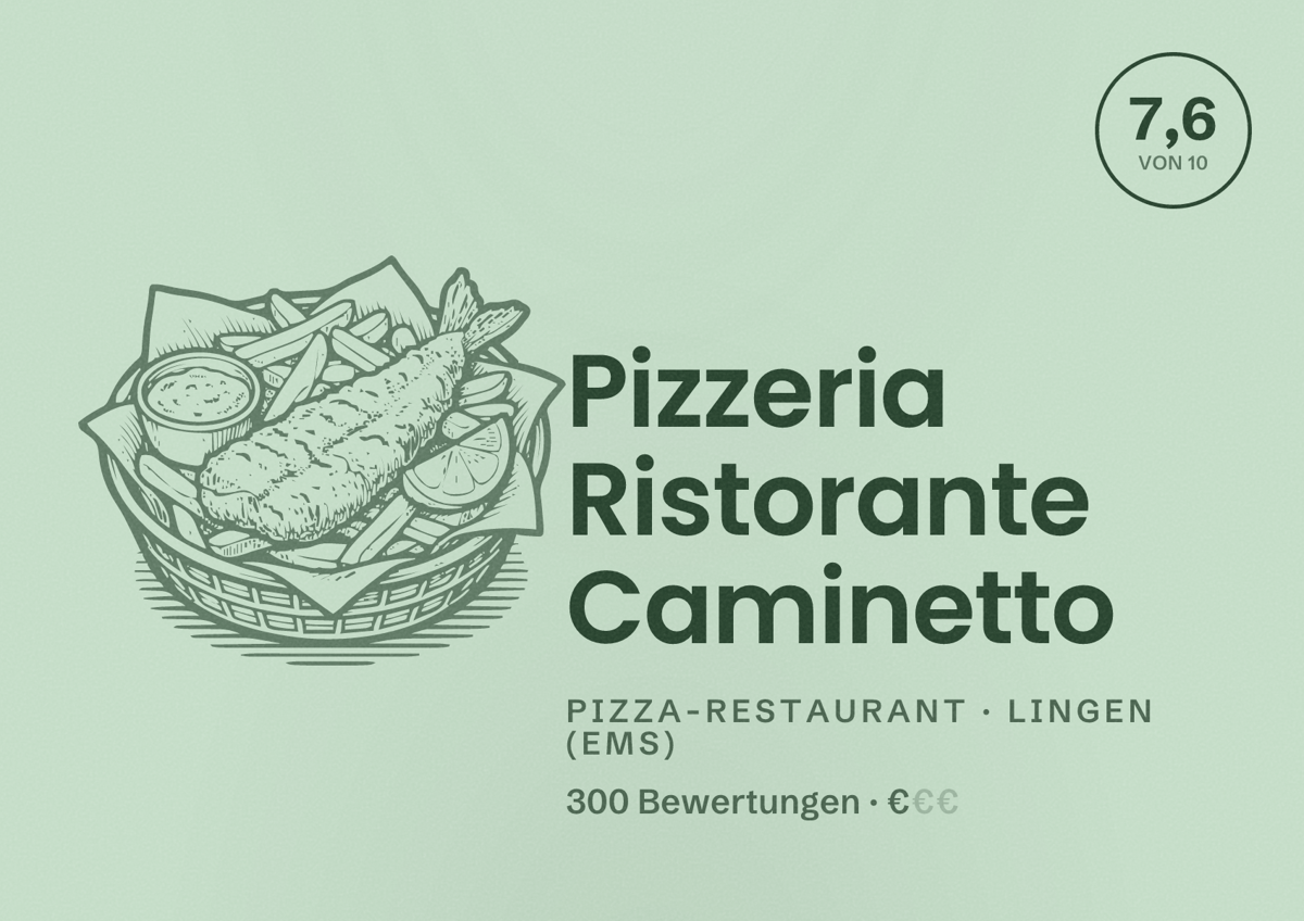 Illustriertes Poster von Pizzeria Ristorante Caminetto, Pizza-Restaurant in Lingen (Ems): Bewertung 7,6 von 10 aus 300 Bewertungen, Preisniveau €
