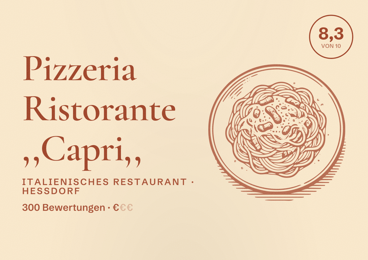 Illustriertes Poster von Pizzeria Ristorante ,,Capri,,, Italienisches Restaurant in Heßdorf: Bewertung 8,3 von 10 aus 300 Bewertungen, Preisniveau €