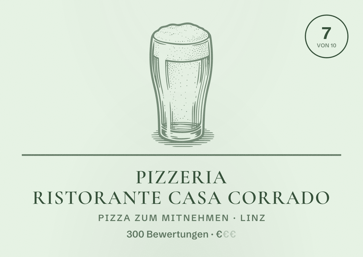 Illustriertes Poster von Pizzeria Ristorante Casa Corrado, Pizza zum Mitnehmen in Linz: Bewertung 7 von 10 aus 300 Bewertungen, Preisniveau €
