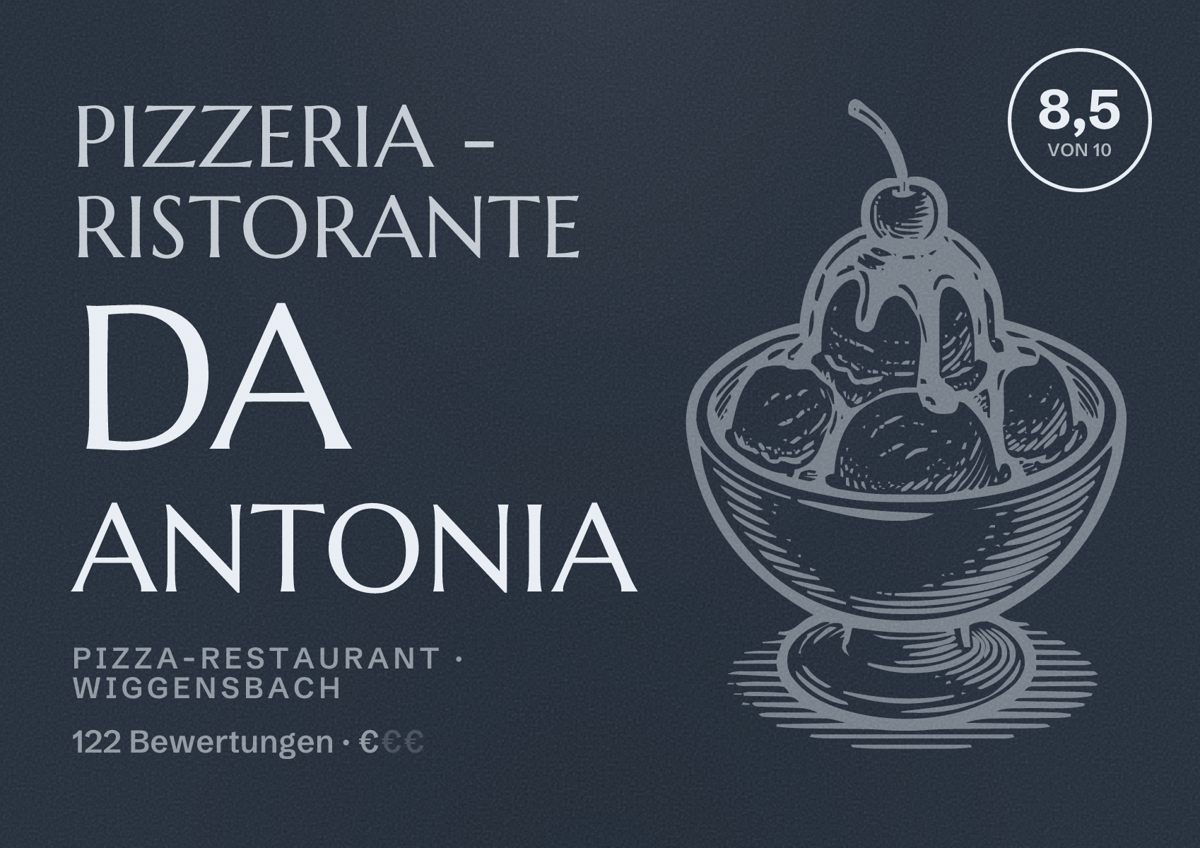 Illustriertes Poster von Pizzeria - Ristorante da Antonia, Pizza-Restaurant in Wiggensbach: Bewertung 8,5 von 10 aus 122 Bewertungen, Preisniveau €