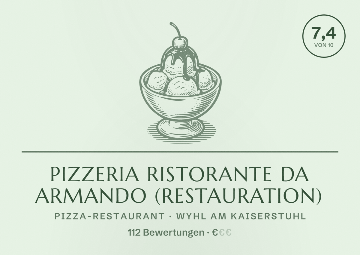 Illustriertes Poster von Pizzeria Ristorante da Armando (Restauration), Pizza-Restaurant in Wyhl am Kaiserstuhl: Bewertung 7,4 von 10 aus 112 Bewertungen, Preisniveau €