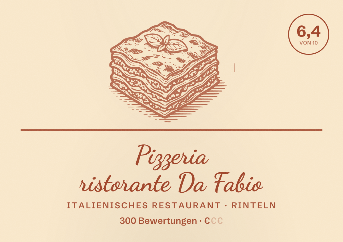 Illustriertes Poster von Pizzeria ristorante Da Fabio, Italienisches Restaurant in Rinteln: Bewertung 6,4 von 10 aus 300 Bewertungen, Preisniveau €