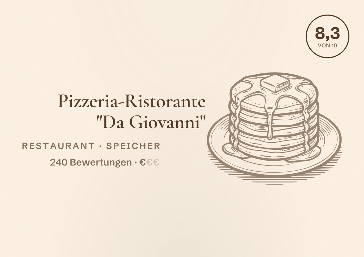 Illustriertes Poster von Pizzeria-Ristorante "Da Giovanni", Restaurant in Speicher: Bewertung 8,3 von 10 aus 240 Bewertungen, Preisniveau €