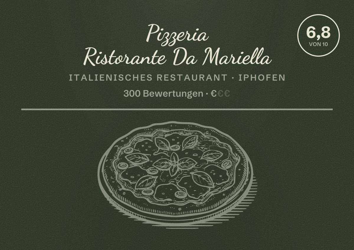 Illustriertes Poster von Pizzeria Ristorante Da Mariella, Italienisches Restaurant in Iphofen: Bewertung 6,8 von 10 aus 300 Bewertungen, Preisniveau €