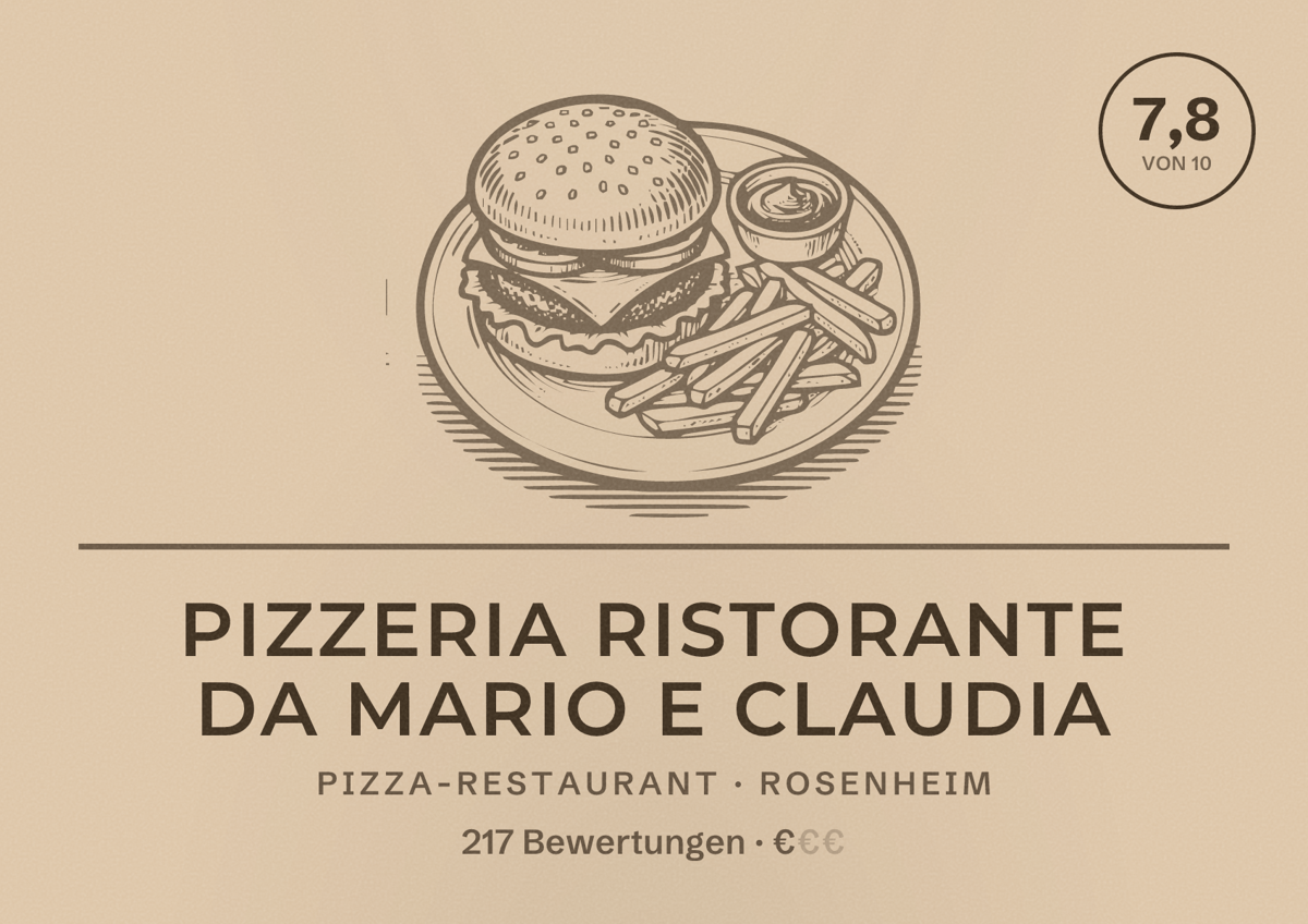 Illustriertes Poster von Pizzeria Ristorante DA MARIO E CLAUDIA, Pizza-Restaurant in Rosenheim: Bewertung 7,8 von 10 aus 217 Bewertungen, Preisniveau €
