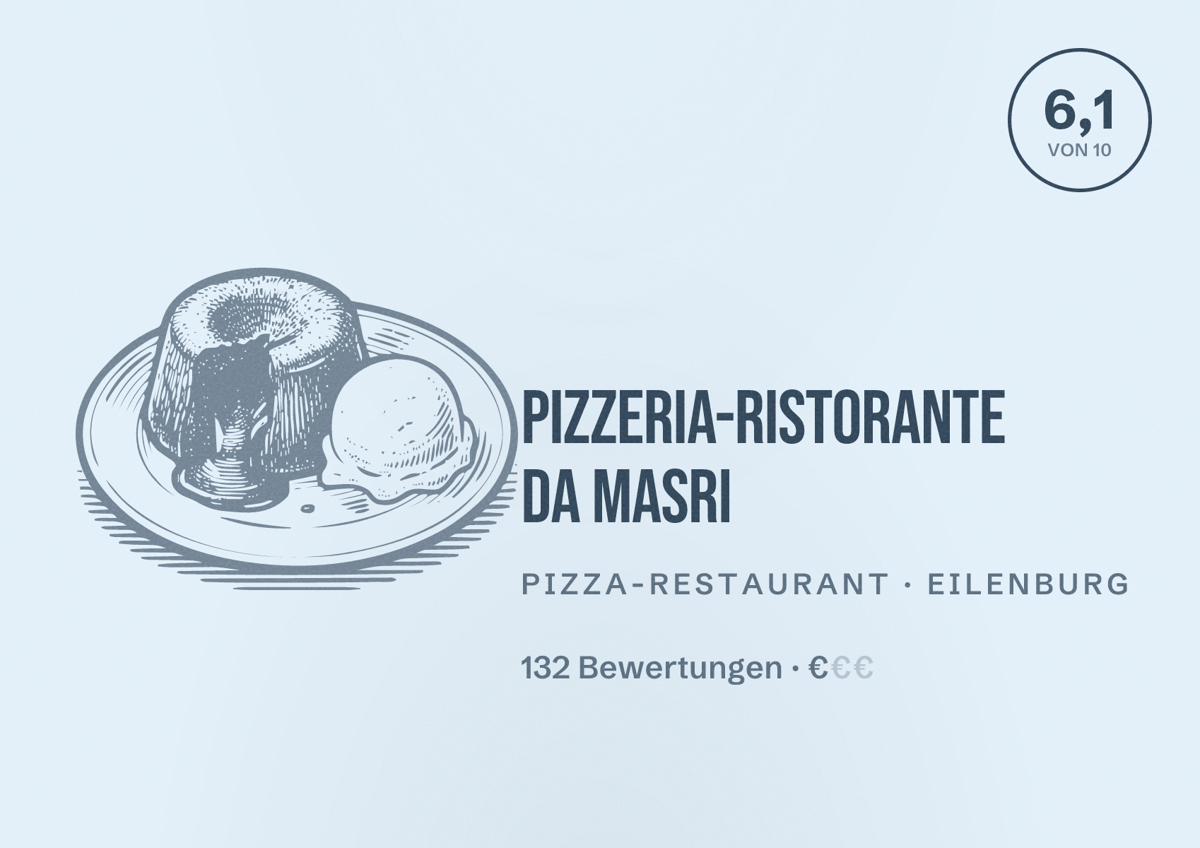 Illustriertes Poster von Pizzeria-Ristorante Da Masri, Pizza-Restaurant in Eilenburg: Bewertung 6,1 von 10 aus 132 Bewertungen, Preisniveau €