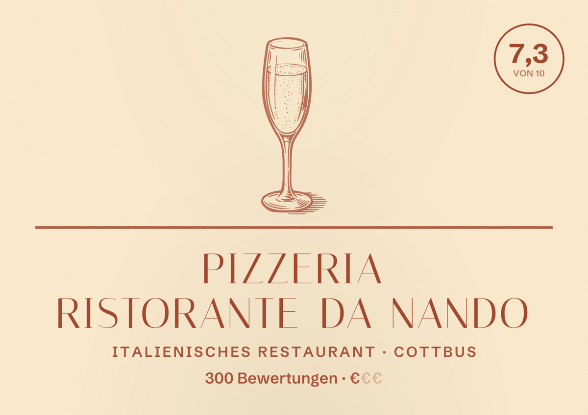 Illustriertes Poster von Pizzeria Ristorante Da Nando, Italienisches Restaurant in Cottbus: Bewertung 7,3 von 10 aus 300 Bewertungen, Preisniveau €