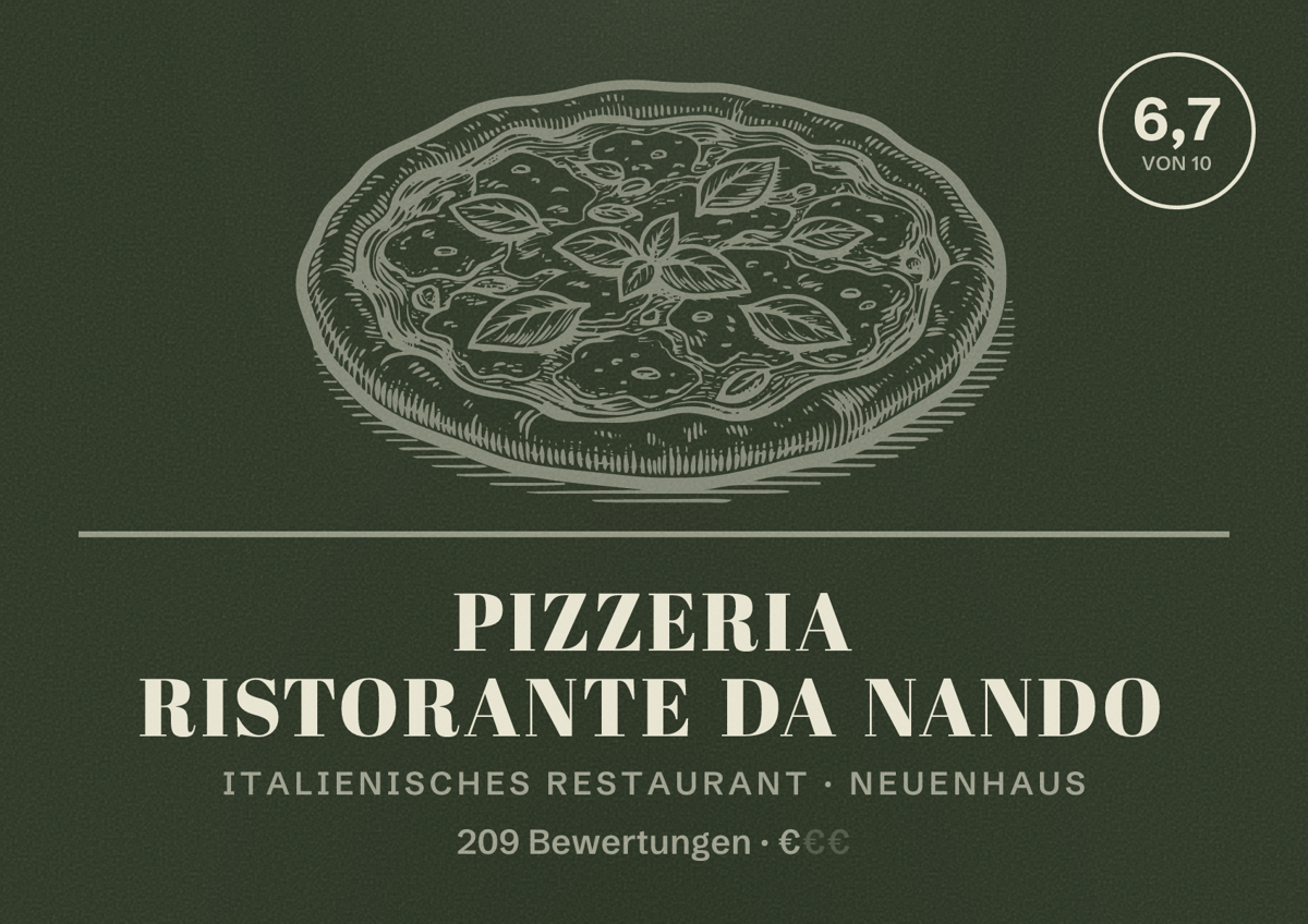 Illustriertes Poster von Pizzeria Ristorante Da Nando, Italienisches Restaurant in Neuenhaus: Bewertung 6,7 von 10 aus 209 Bewertungen, Preisniveau €