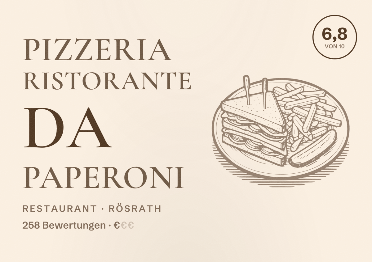 Illustriertes Poster von Pizzeria Ristorante da Paperoni, Restaurant in Rösrath: Bewertung 6,8 von 10 aus 258 Bewertungen, Preisniveau €