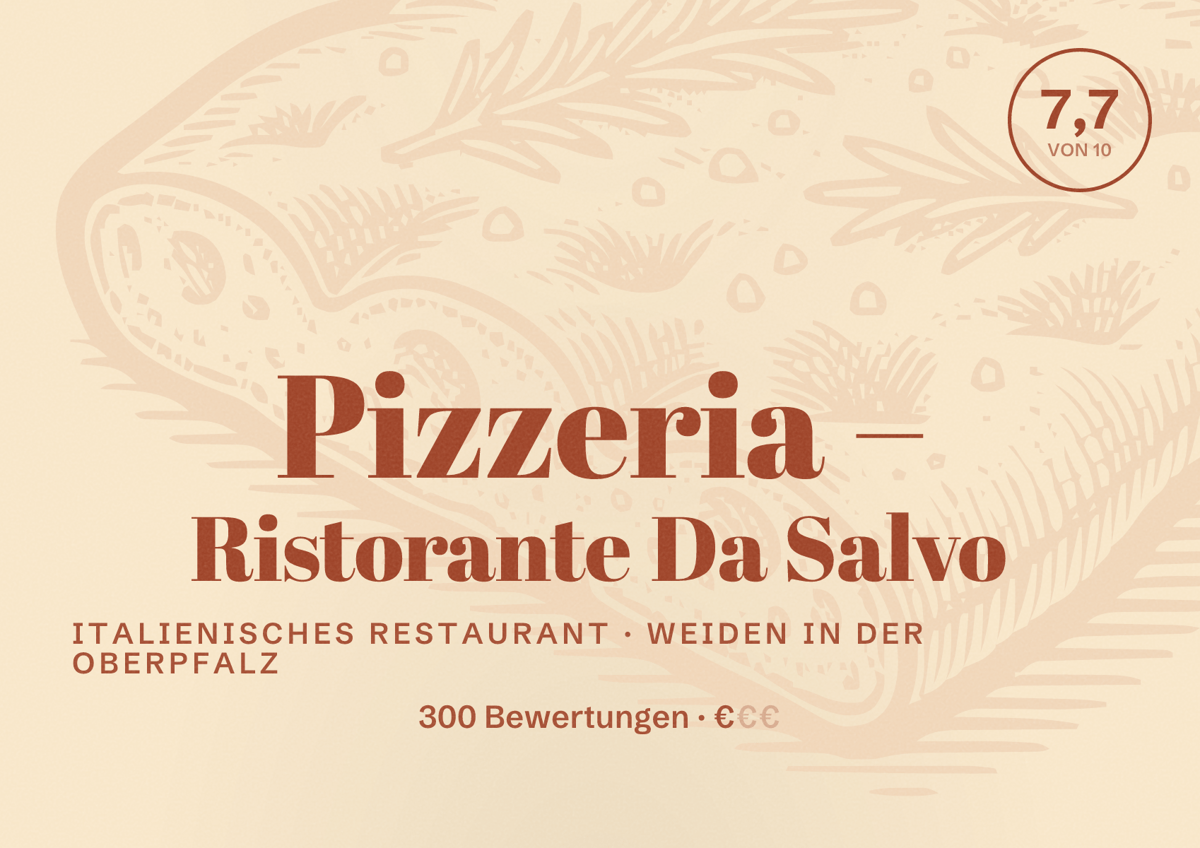 Illustriertes Poster von Pizzeria – Ristorante Da Salvo, Italienisches Restaurant in Weiden in der Oberpfalz: Bewertung 7,7 von 10 aus 300 Bewertungen, Preisniveau €