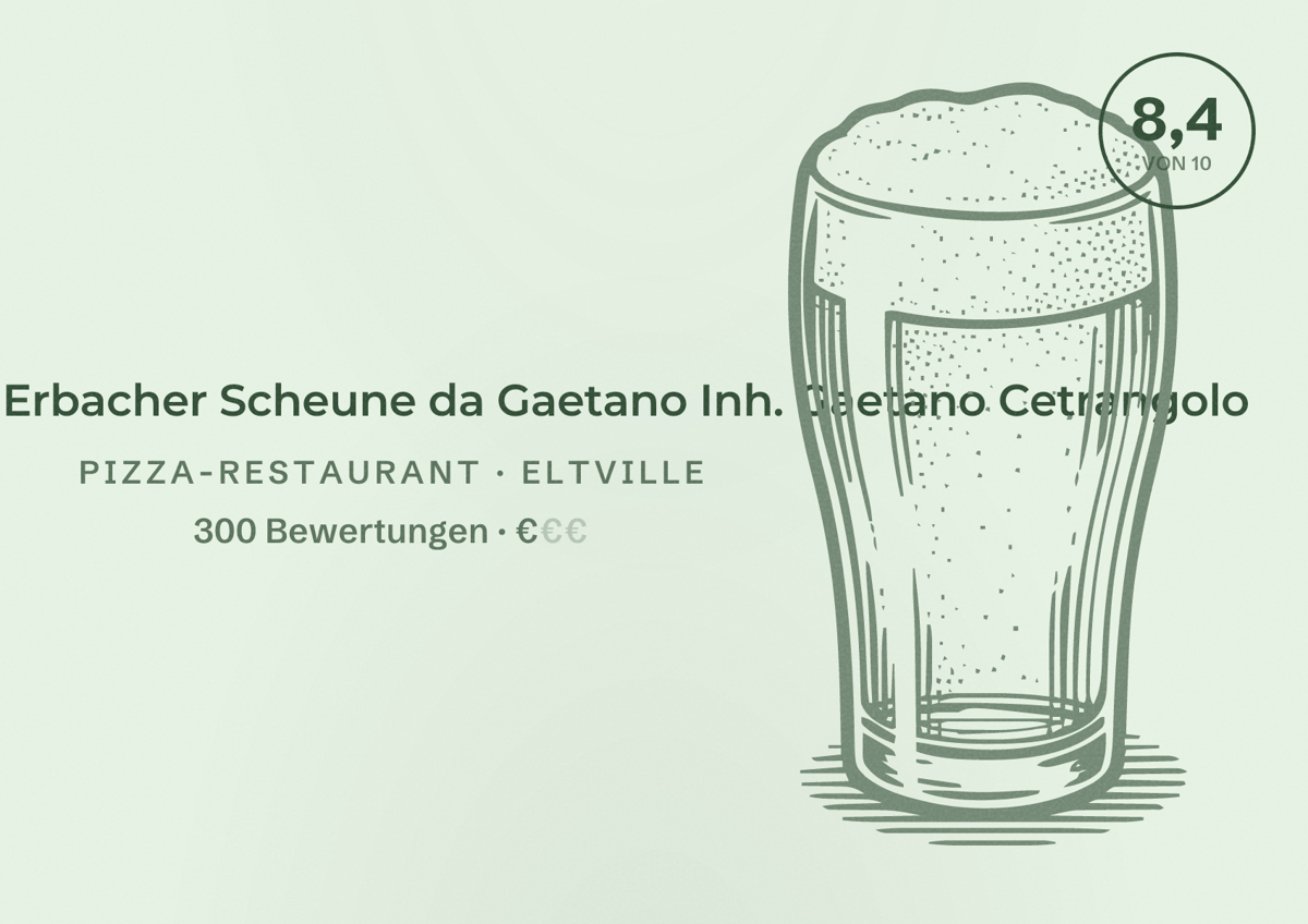 Illustriertes Poster von Pizzeria Ristorante Erbacher Scheune da Gaetano Inh. Gaetano Cetrangolo, Pizza-Restaurant in Eltville: Bewertung 8,4 von 10 aus 300 Bewertungen, Preisniveau €