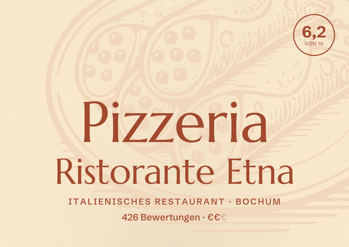 Illustriertes Poster von Pizzeria Ristorante Etna, Italienisches Restaurant in Bochum: Bewertung 6,2 von 10 aus 426 Bewertungen, Preisniveau €€
