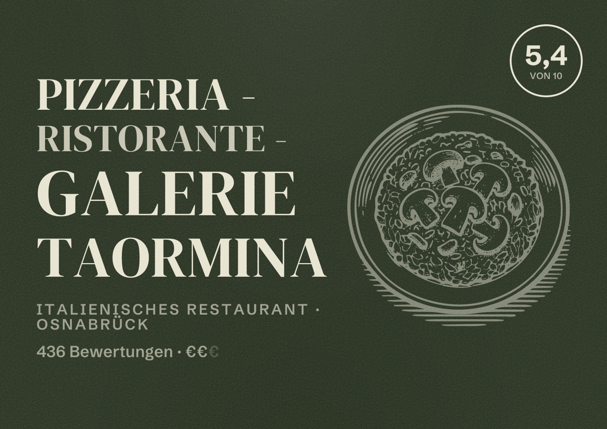 Illustriertes Poster von Pizzeria - Ristorante - Galerie Taormina, Italienisches Restaurant in Osnabrück: Bewertung 5,4 von 10 aus 436 Bewertungen, Preisniveau €€