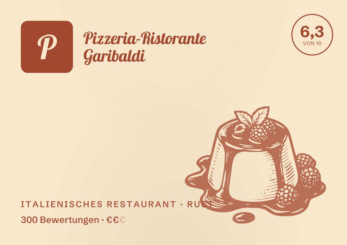 Illustriertes Poster von Pizzeria-Ristorante Garibaldi, Italienisches Restaurant in Rust: Bewertung 6,3 von 10 aus 300 Bewertungen, Preisniveau €€