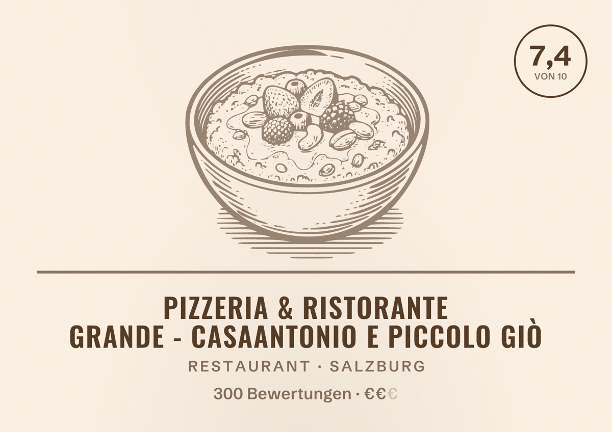 Illustriertes Poster von Pizzeria & Ristorante Grande - Casaantonio e piccolo Giò, Restaurant in Salzburg: Bewertung 7,4 von 10 aus 300 Bewertungen, Preisniveau €€