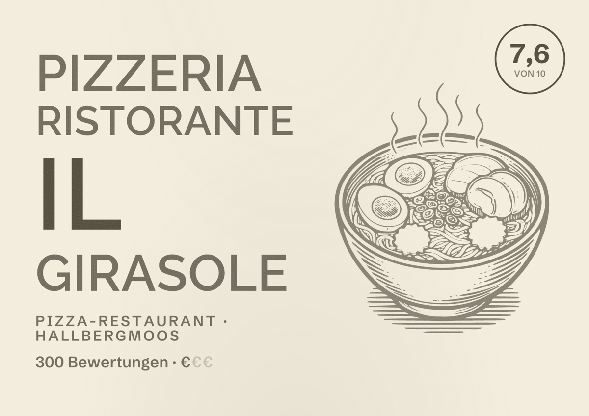 Illustriertes Poster von Pizzeria Ristorante Il Girasole, Pizza-Restaurant in Hallbergmoos: Bewertung 7,6 von 10 aus 300 Bewertungen, Preisniveau €