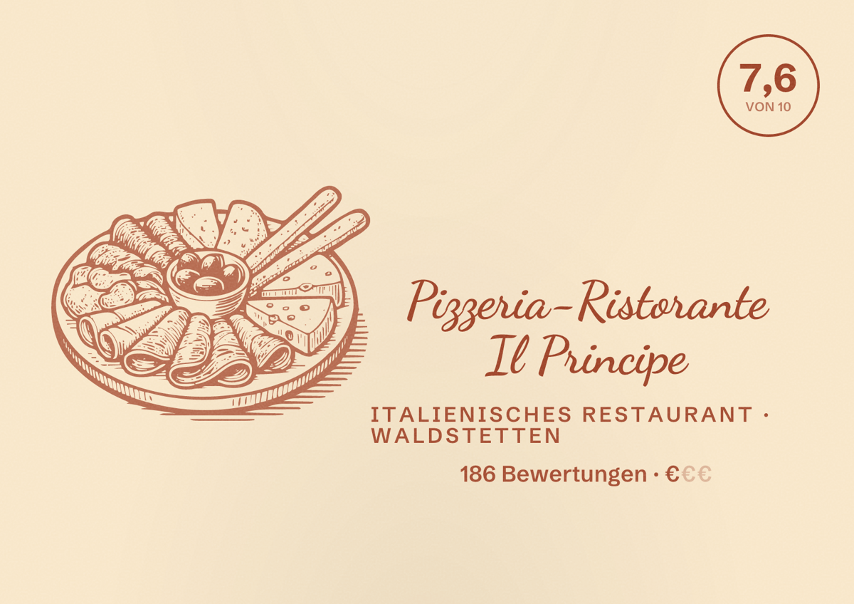 Illustriertes Poster von Pizzeria-Ristorante Il Principe, Italienisches Restaurant in Waldstetten: Bewertung 7,6 von 10 aus 186 Bewertungen, Preisniveau €