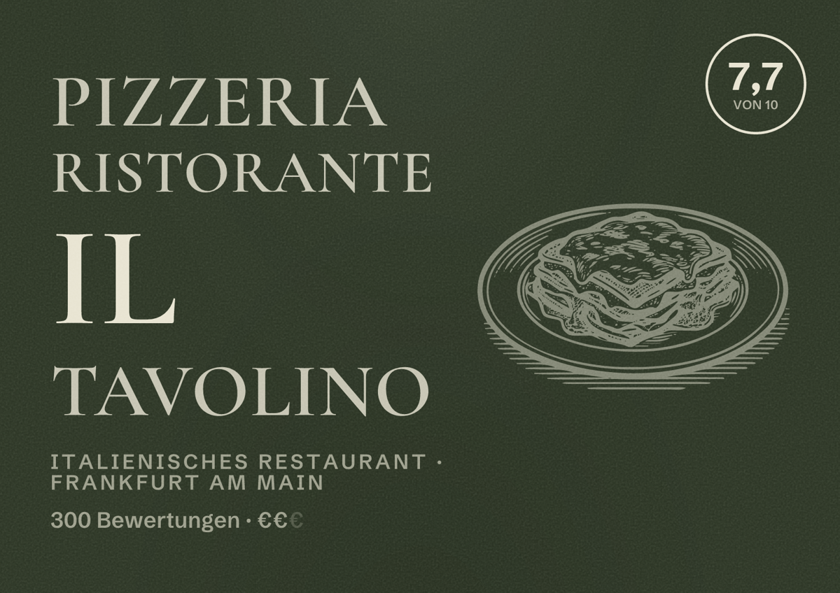 Illustriertes Poster von Pizzeria Ristorante il Tavolino, Italienisches Restaurant in Frankfurt am Main: Bewertung 7,7 von 10 aus 300 Bewertungen, Preisniveau €€