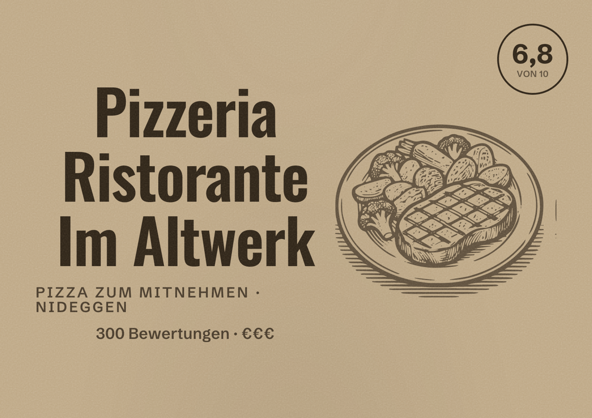 Illustriertes Poster von Pizzeria Ristorante Im Altwerk, Pizza zum Mitnehmen in Nideggen: Bewertung 6,8 von 10 aus 300 Bewertungen, Preisniveau €€€