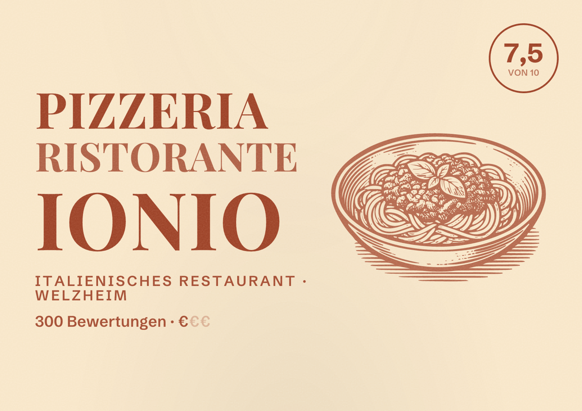 Illustriertes Poster von Pizzeria Ristorante Ionio, Italienisches Restaurant in Welzheim: Bewertung 7,5 von 10 aus 300 Bewertungen, Preisniveau €