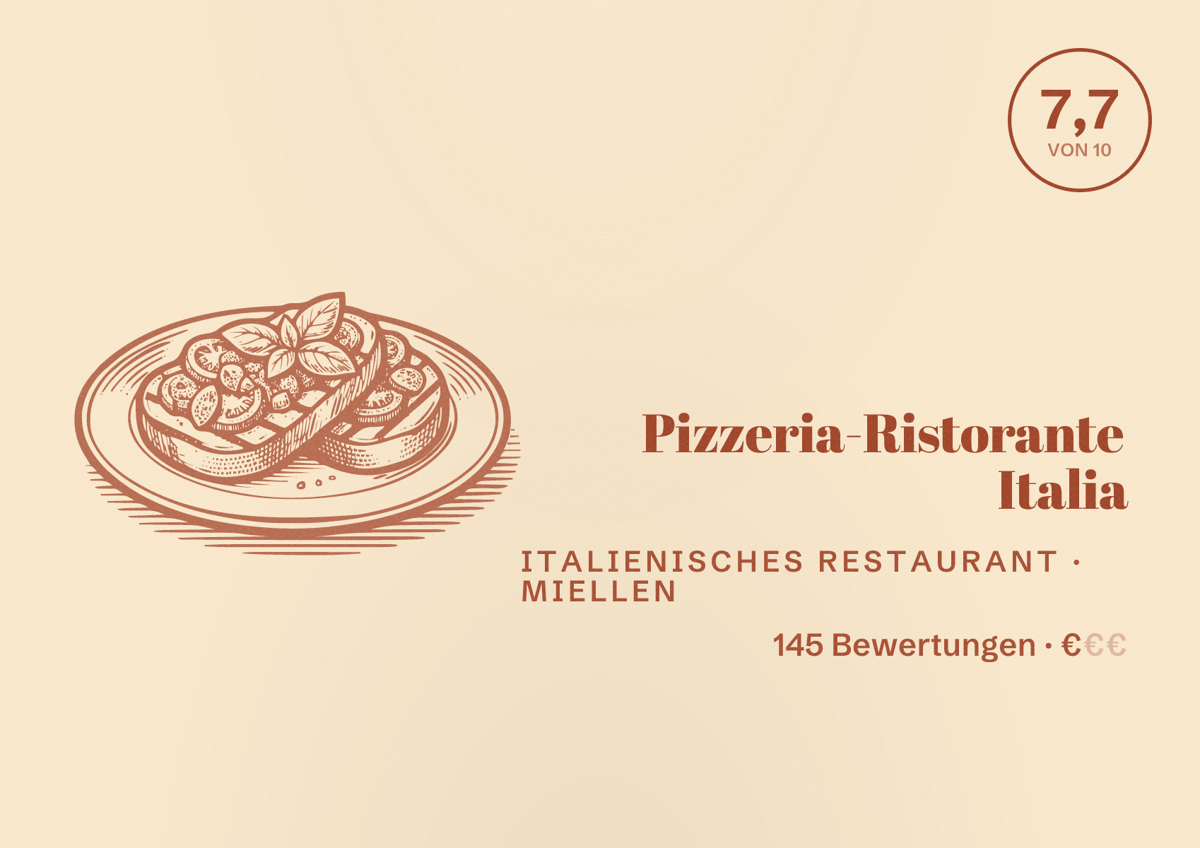 Illustriertes Poster von Pizzeria-Ristorante Italia, Italienisches Restaurant in Miellen: Bewertung 7,7 von 10 aus 145 Bewertungen, Preisniveau €