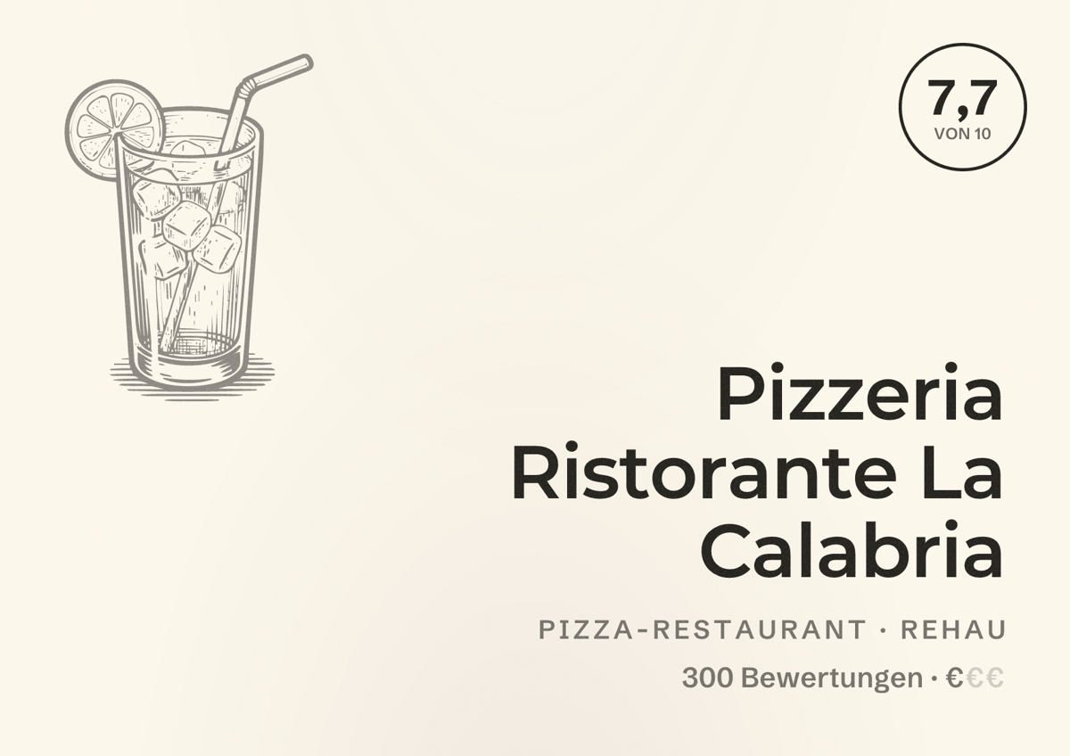 Illustriertes Poster von Pizzeria Ristorante La Calabria, Pizza-Restaurant in Rehau: Bewertung 7,7 von 10 aus 300 Bewertungen, Preisniveau €