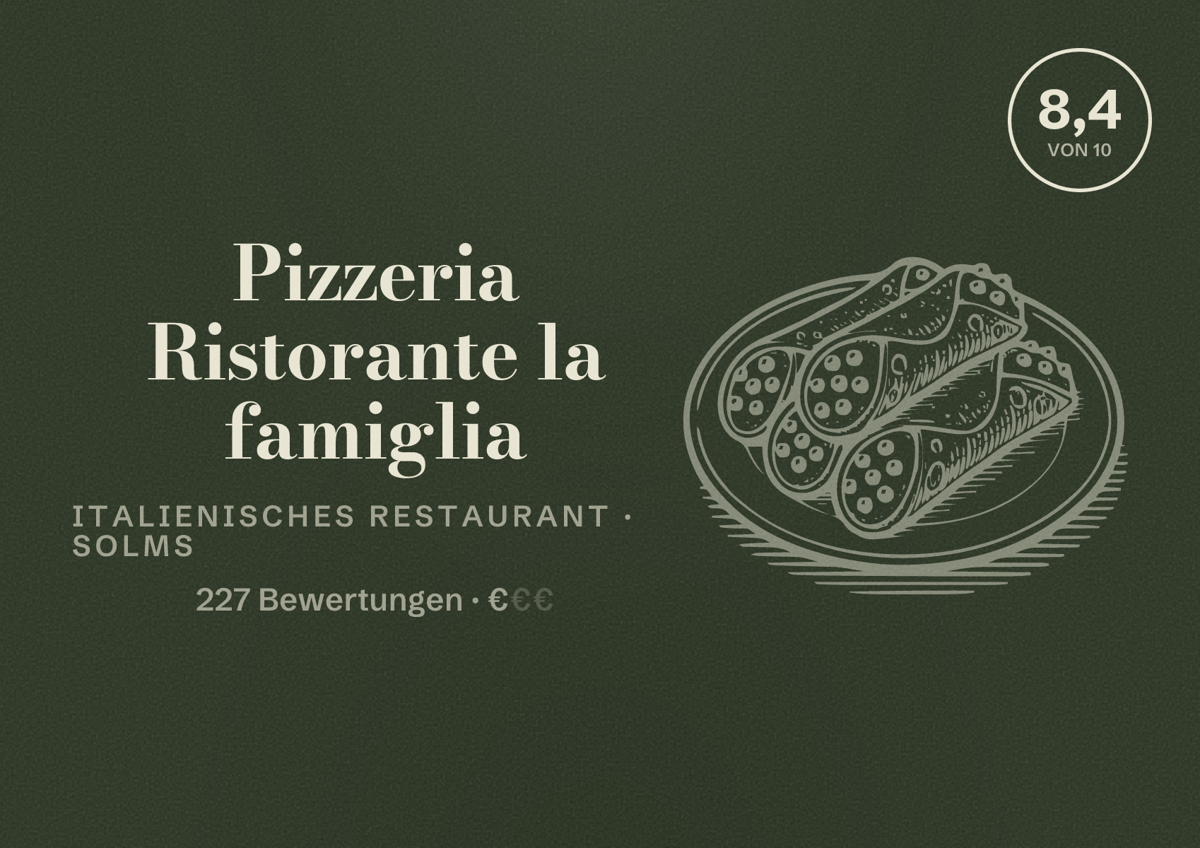 Illustriertes Poster von Pizzeria Ristorante la famiglia, Italienisches Restaurant in Solms: Bewertung 8,4 von 10 aus 227 Bewertungen, Preisniveau €