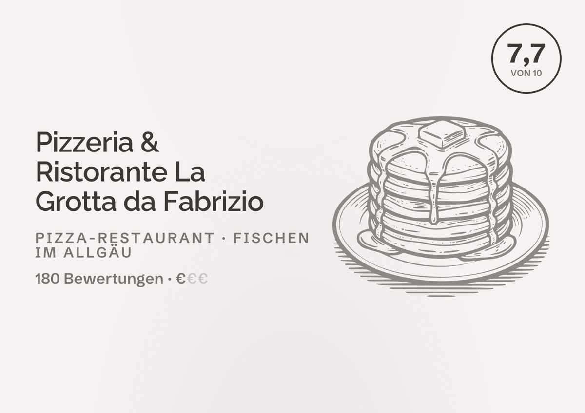 Illustriertes Poster von Pizzeria & Ristorante La Grotta da Fabrizio, Pizza-Restaurant in Fischen im Allgäu: Bewertung 7,7 von 10 aus 180 Bewertungen, Preisniveau €
