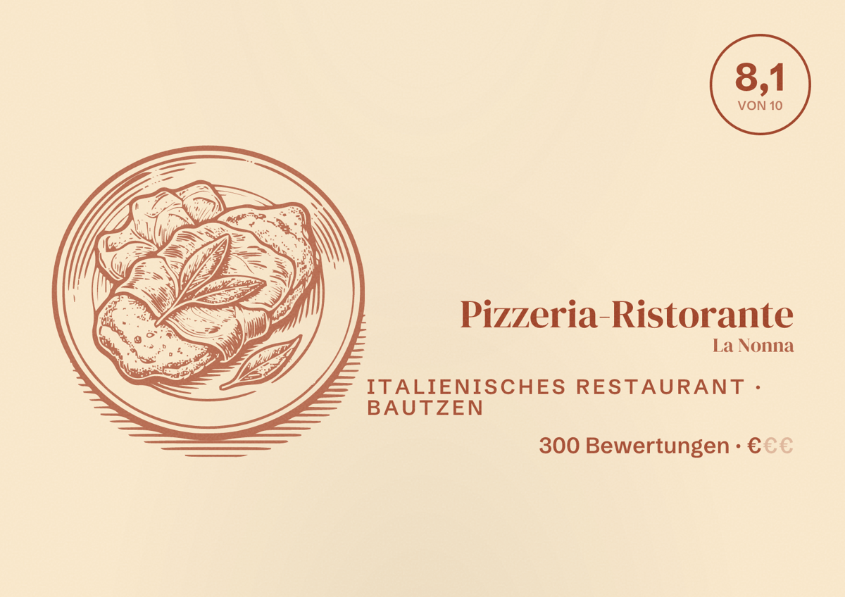 Illustriertes Poster von Pizzeria-Ristorante La Nonna, Italienisches Restaurant in Bautzen: Bewertung 8,1 von 10 aus 300 Bewertungen, Preisniveau €