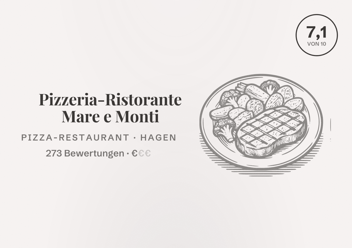 Illustriertes Poster von Pizzeria-Ristorante Mare e Monti, Pizza-Restaurant in Hagen: Bewertung 7,1 von 10 aus 273 Bewertungen, Preisniveau €