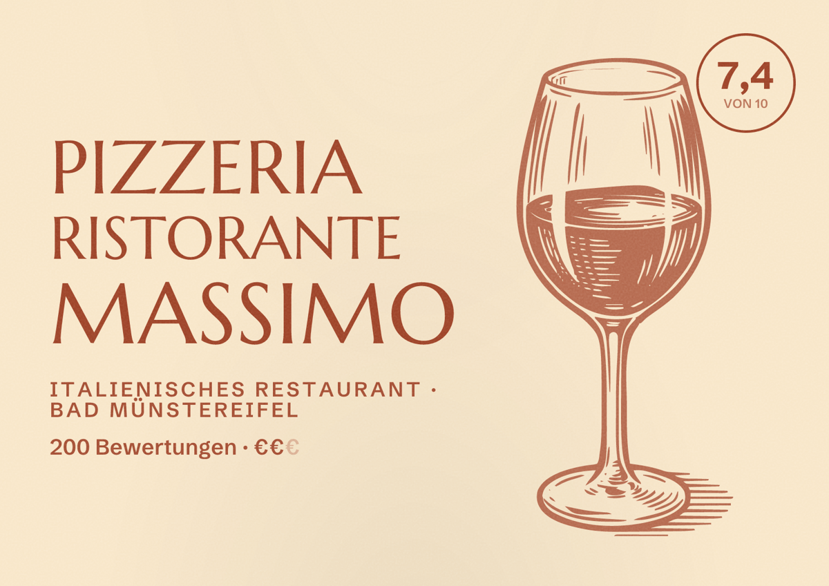 Illustriertes Poster von Pizzeria Ristorante Massimo, Italienisches Restaurant in Bad Münstereifel: Bewertung 7,4 von 10 aus 200 Bewertungen, Preisniveau €€