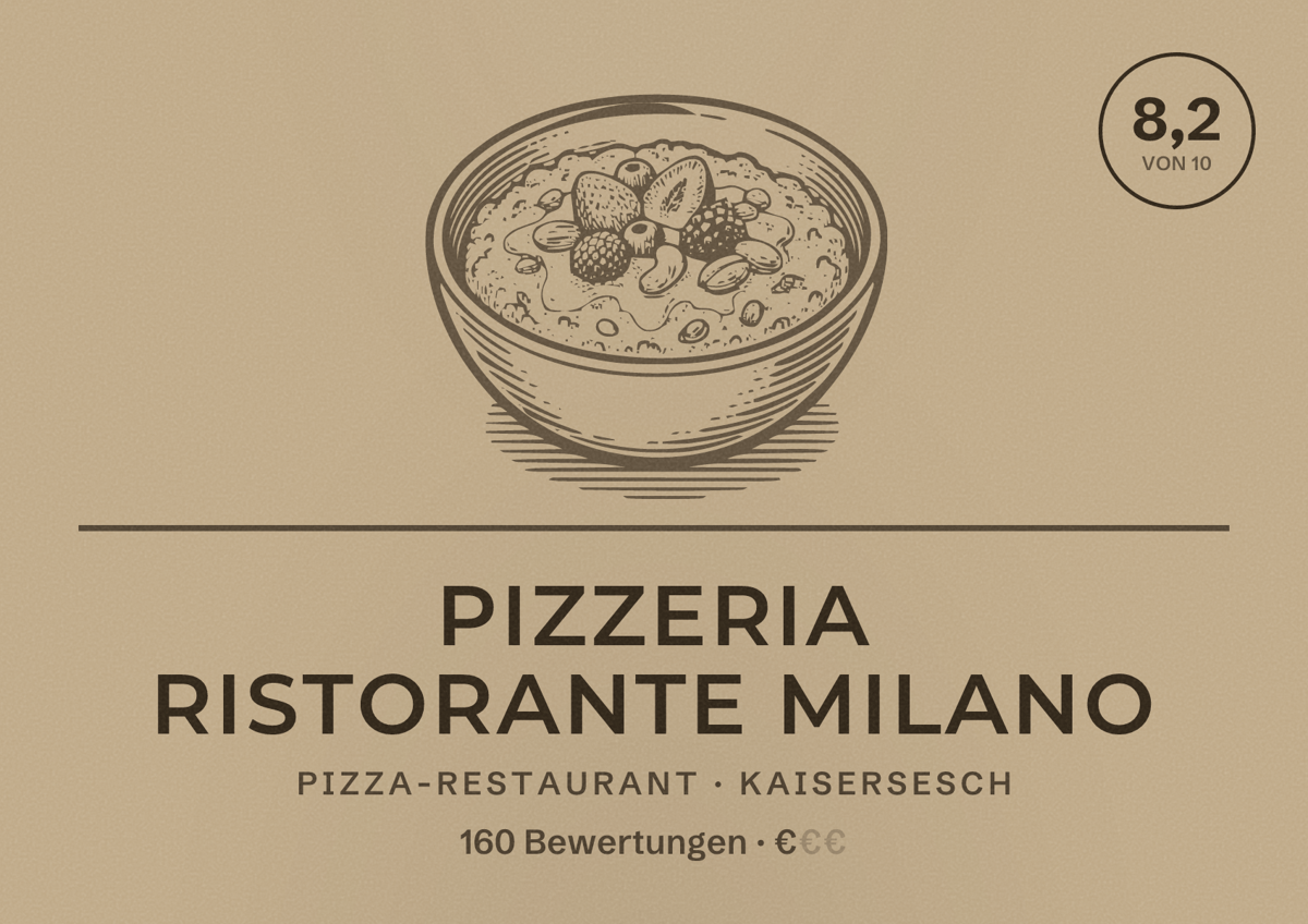 Illustriertes Poster von Pizzeria Ristorante Milano, Pizza-Restaurant in Kaisersesch: Bewertung 8,2 von 10 aus 160 Bewertungen, Preisniveau €