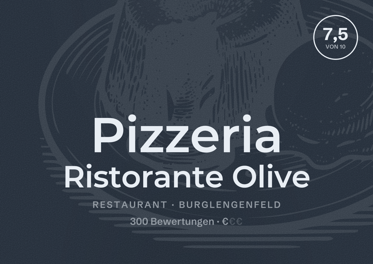 Illustriertes Poster von Pizzeria Ristorante Olive, Restaurant in Burglengenfeld: Bewertung 7,5 von 10 aus 300 Bewertungen, Preisniveau €