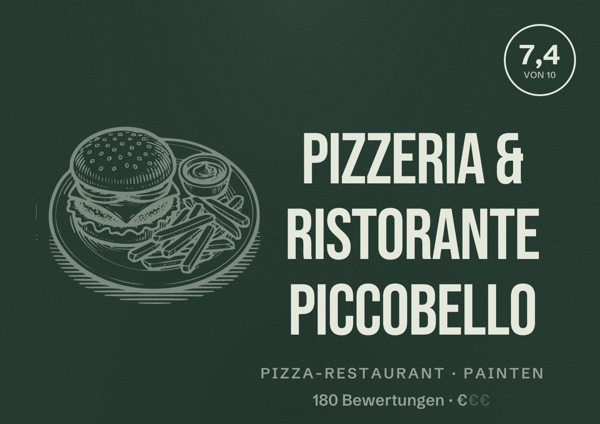 Illustriertes Poster von Pizzeria & Ristorante Piccobello, Pizza-Restaurant in Painten: Bewertung 7,4 von 10 aus 180 Bewertungen, Preisniveau €