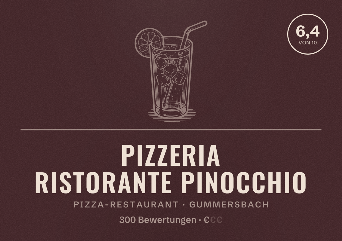 Illustriertes Poster von Pizzeria Ristorante Pinocchio, Pizza-Restaurant in Gummersbach: Bewertung 6,4 von 10 aus 300 Bewertungen, Preisniveau €
