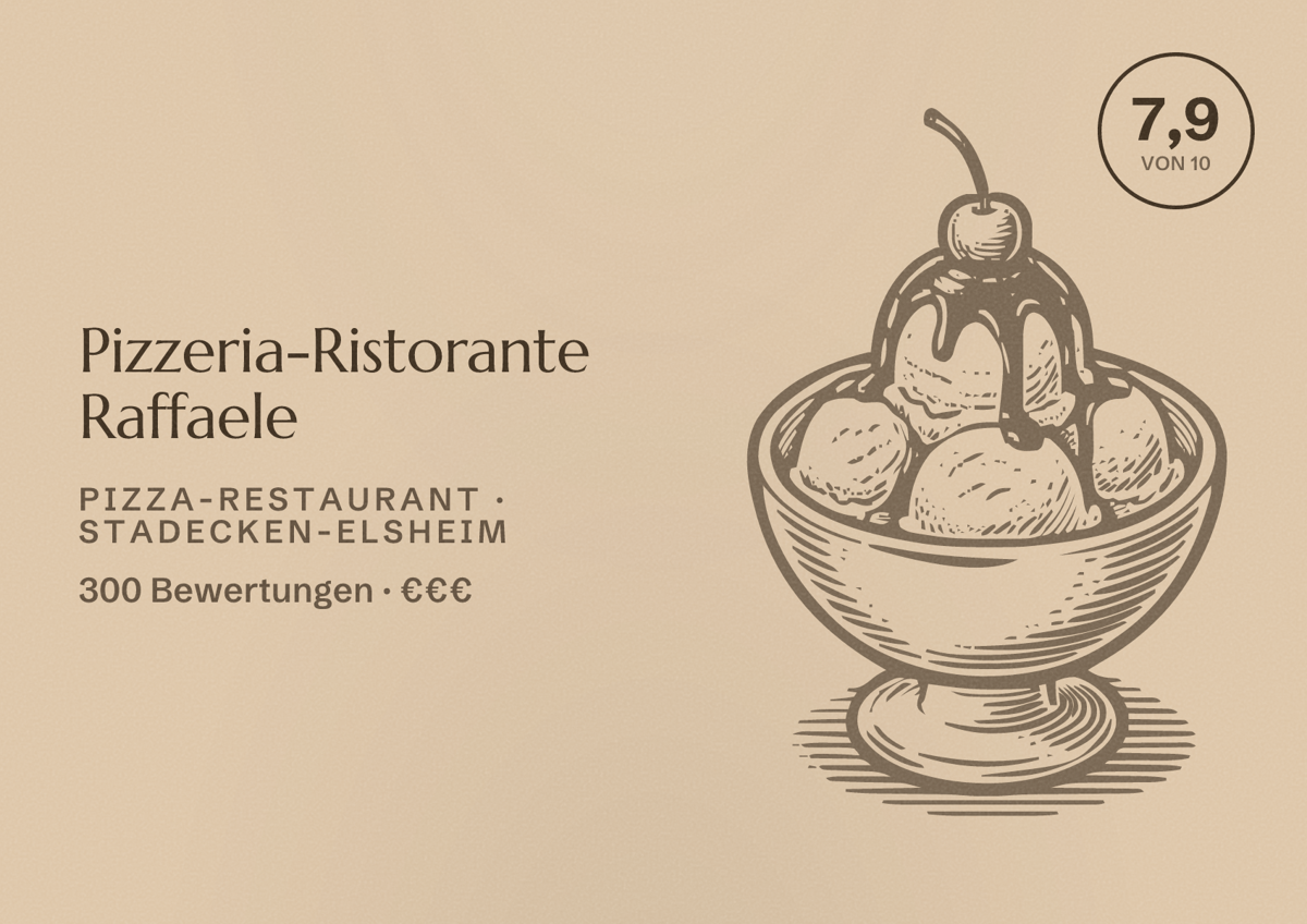 Illustriertes Poster von Pizzeria-Ristorante Raffaele, Pizza-Restaurant in Stadecken-Elsheim: Bewertung 7,9 von 10 aus 300 Bewertungen, Preisniveau €€€