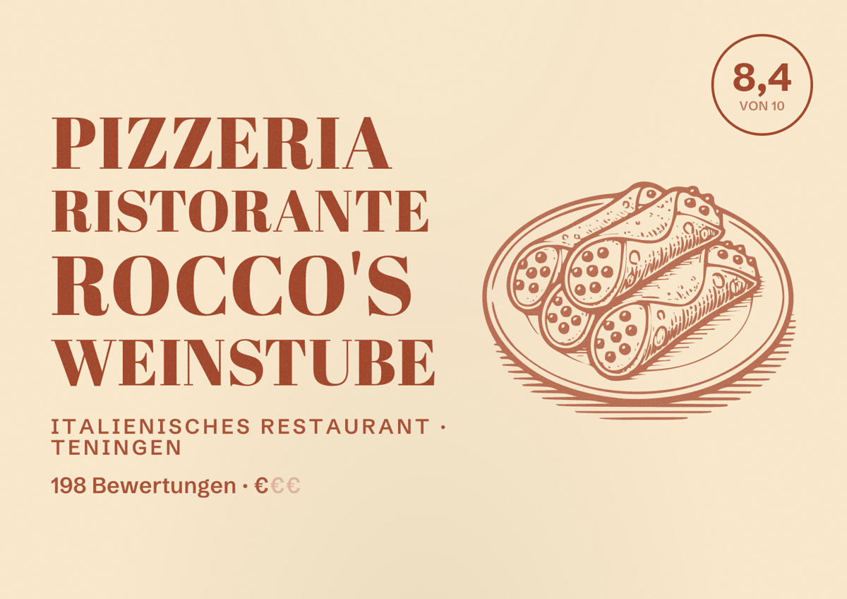 Illustriertes Poster von PIZZERIA RISTORANTE ROCCO'S WEINSTUBE, Italienisches Restaurant in Teningen: Bewertung 8,4 von 10 aus 198 Bewertungen, Preisniveau €