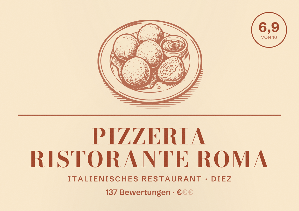 Illustriertes Poster von Pizzeria Ristorante Roma, Italienisches Restaurant in Diez: Bewertung 6,9 von 10 aus 137 Bewertungen, Preisniveau €