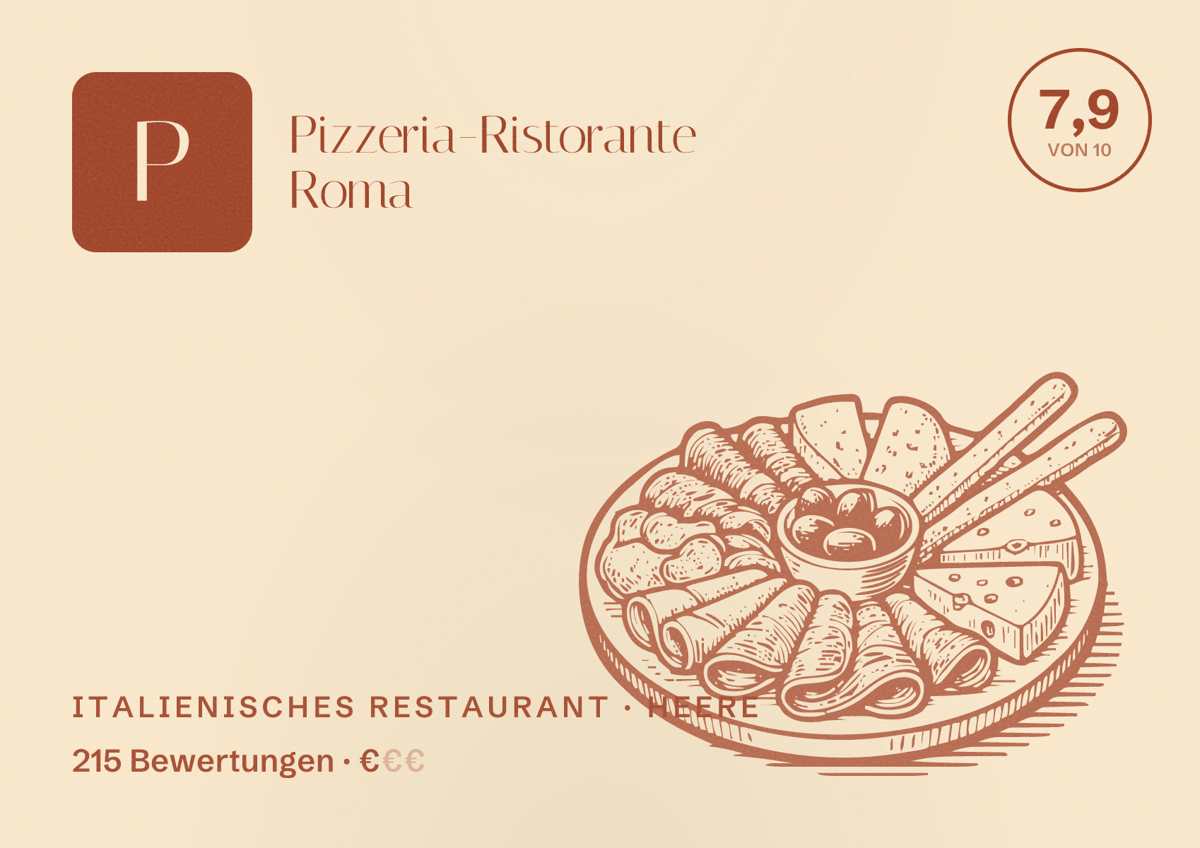 Illustriertes Poster von Pizzeria-Ristorante Roma, Italienisches Restaurant in Heere: Bewertung 7,9 von 10 aus 215 Bewertungen, Preisniveau €
