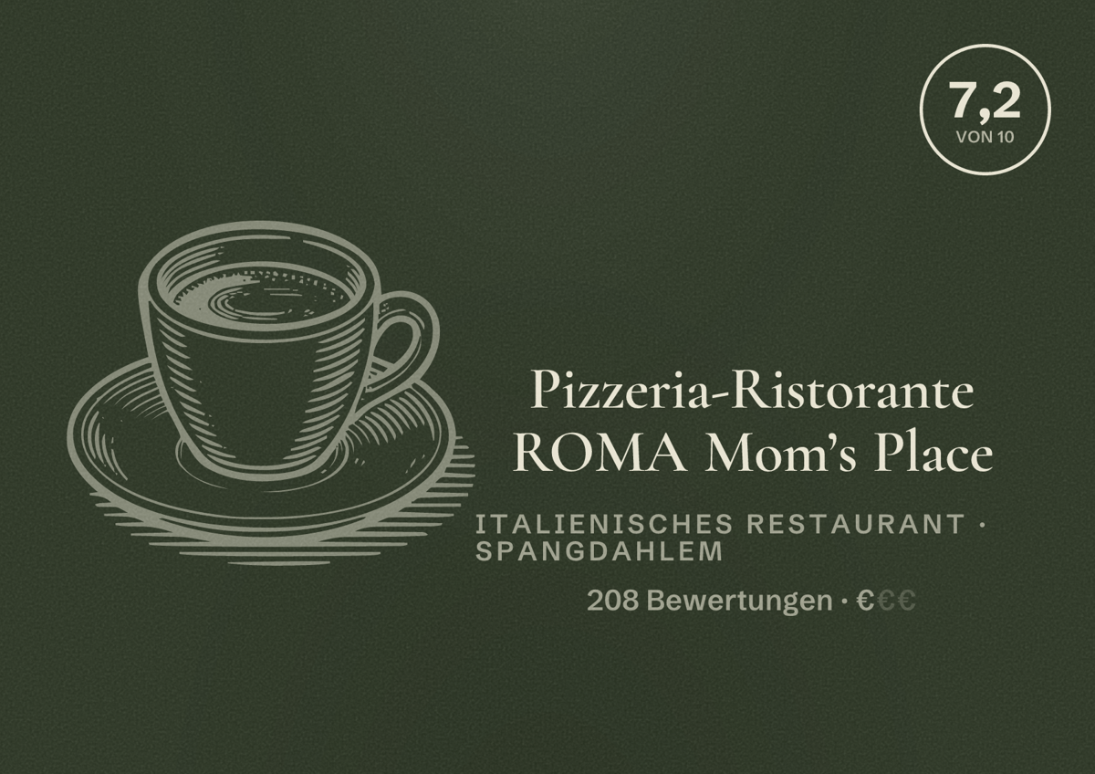 Illustriertes Poster von Pizzeria-Ristorante ROMA Mom’s Place, Italienisches Restaurant in Spangdahlem: Bewertung 7,2 von 10 aus 208 Bewertungen, Preisniveau €