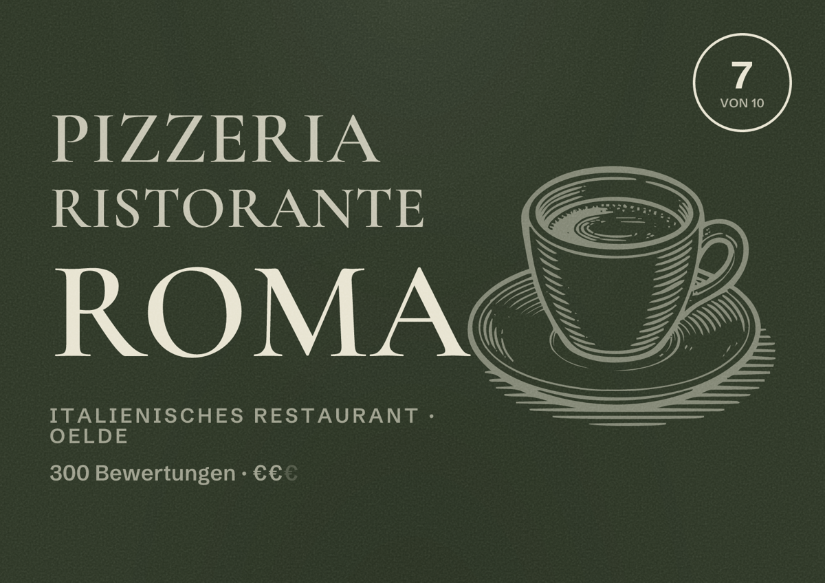 Illustriertes Poster von Pizzeria Ristorante Roma, Italienisches Restaurant in Oelde: Bewertung 7 von 10 aus 300 Bewertungen, Preisniveau €€